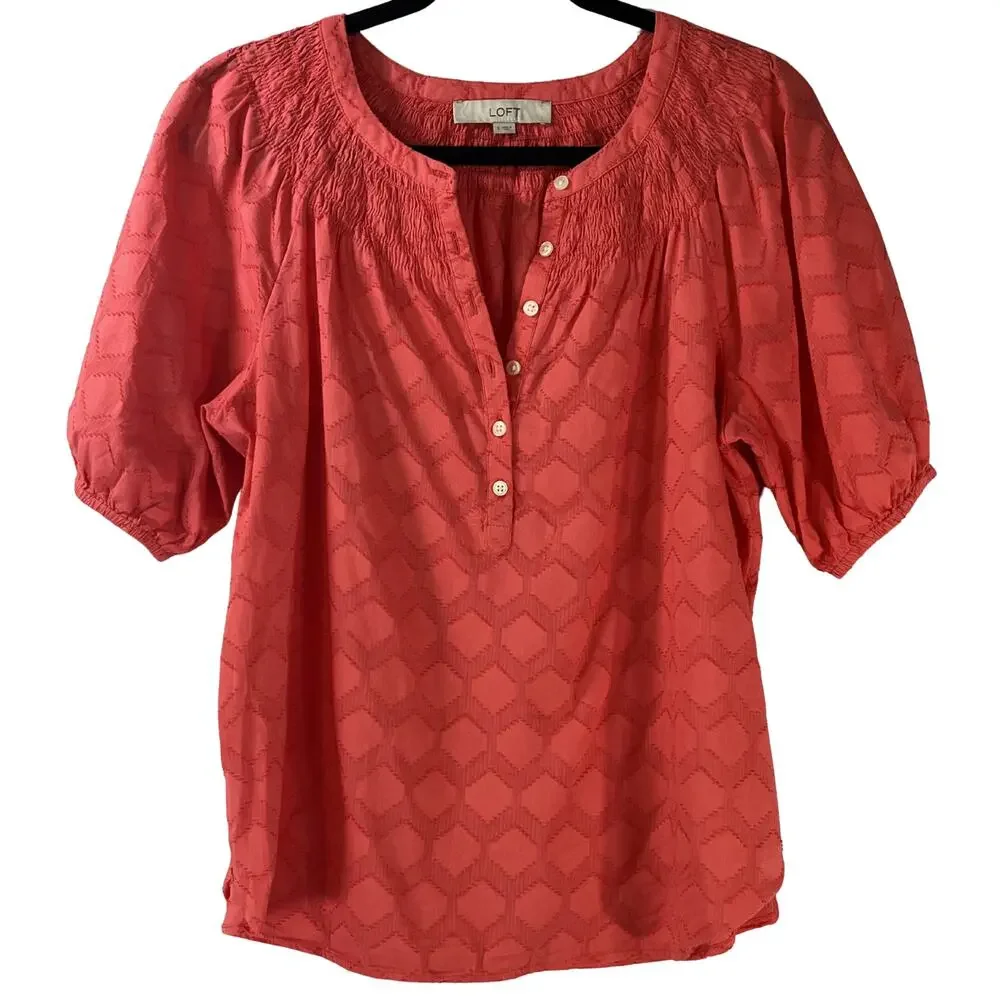 LOFT Coral Pink Textured Button Front Puff Sleeve Blouse Size S